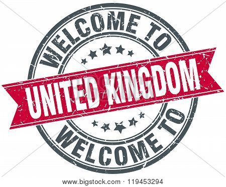 welcome to United Kingdom red round vintage stamp