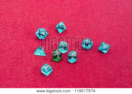 Specialized Polyhedral Dice For Role-playing Games On Red Cloth