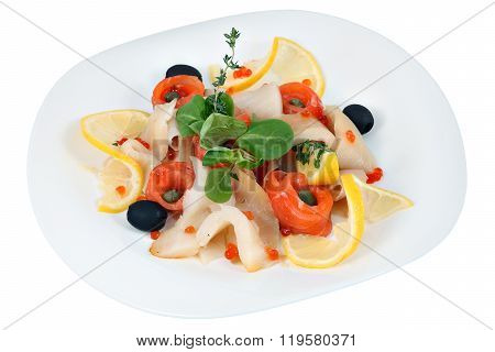 Assorted Several Kinds Of Fish With Olives, Lettuce, Lemon, Rosemary.