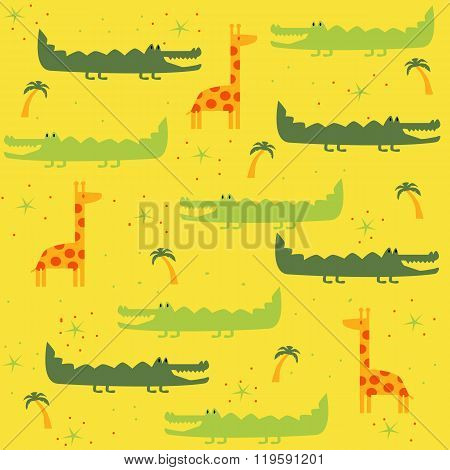 Childish background with crocodile giraffe palm trees in vector.