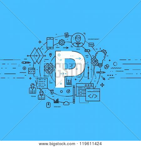 Alphabet Letter P. Flat Style, Thin Line Art Design. Set of application development, web site coding, information, mobile technologies, business icons and elements. Modern concept vectors collection