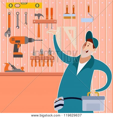 Tool shed with worker