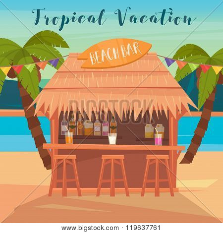 Tropical Vacation Banner With Beach Bar And Palm Trees