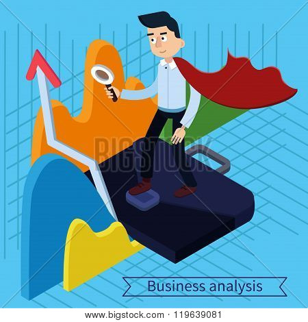 Business Analysis Isometric Concept With Super Businessman And Charts