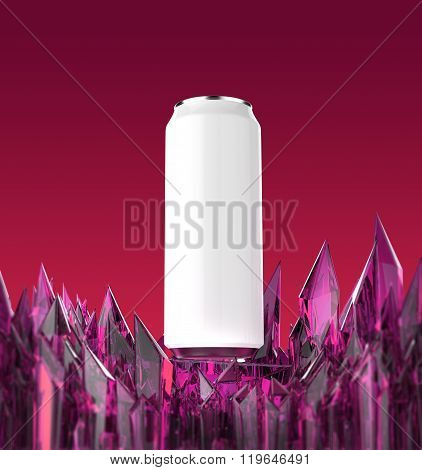 blank white beer can mock-up on shiny fed fire looking crystal base render
