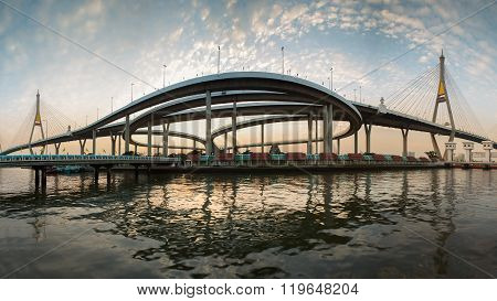 Panorama of Twin Bangkok Suspension Bridge river front view, Thailand