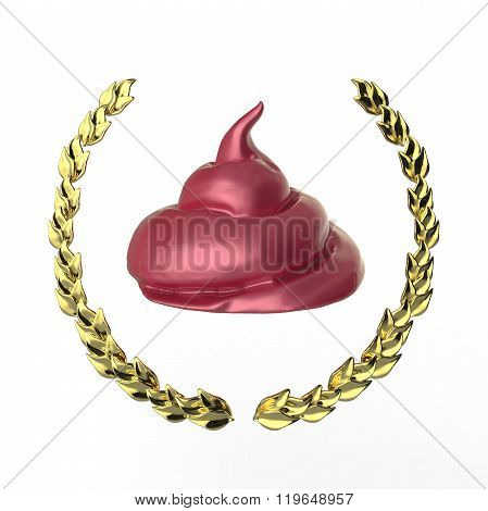Glossy piece of shit surrounded with golden laurel wreath isolated on dark background badge