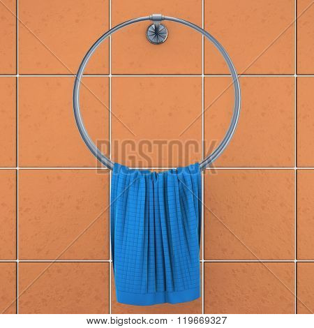 Towel on the holder on the background tiles. 3d rendering