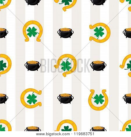 Green shamrock leaves and horseshoes . St. Patrick's day background. Vector illustration.