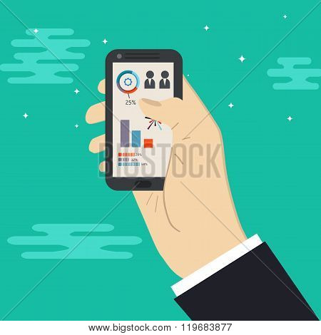 Smart phone in human hands. Flat style vector illustration