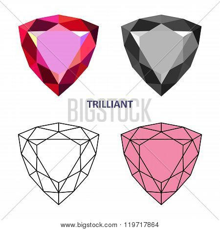 Low Poly Colored & Black Outline Template Trilliant Gem Cut