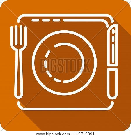 Fork, plate, knife and chefs hat.