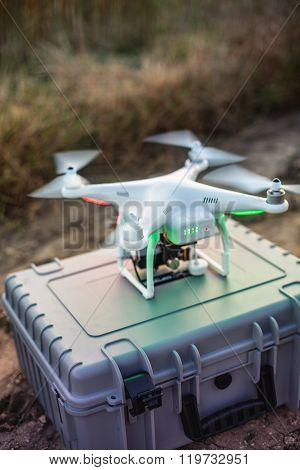 Varna Bulgaria - June 23 2015: Flying drone quadcopter Dji Phantom 2 with digital camera GoPro HERO4
