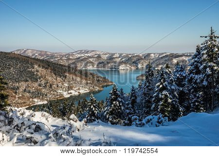 Winter Snowy Landscape With Lake Plastira, Fesalia, Greece