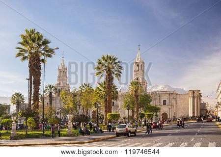 People On Main Square And Cathedral At Dusk, Arequipa, Peru