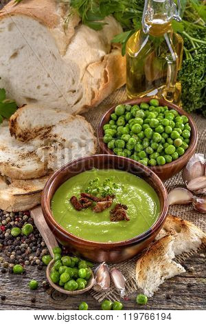 Potage soup made from fresh domestic peas with spices