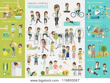 Healthy lifestyle infographic set with charts and other elements. Vector illustration.