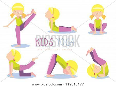 Yoga kids set. Girl makes yoga exercises. Vector yoga poses. Yoga class or yoga studio. Kids yoga concept. Child is engaged in yoga. Set of yoga asanas.