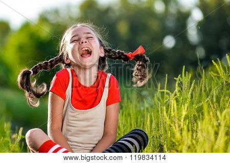 Naughty Girl With Pigtails, Opens His Mouth And Shouts