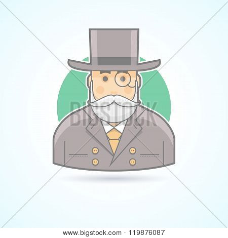 Richman, wealthy old man, banker, money agent icon. Avatar and person illustration. Flat colored out