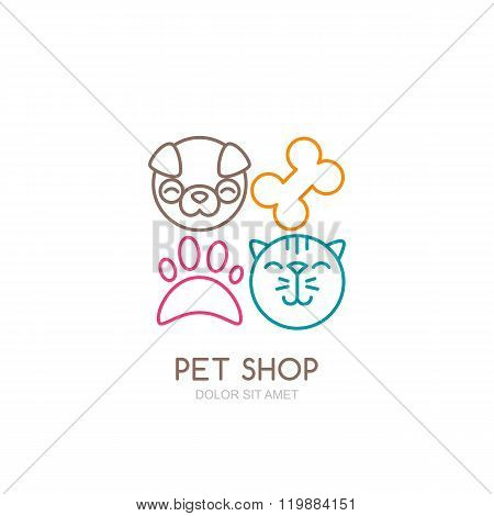 Vector Line Art Illustration Of Dog Head And Cat Muzzle.