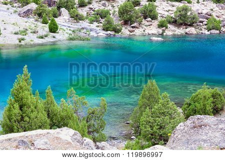 Blue lake and forest terrain in Asia