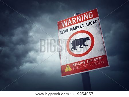 Bear stock market warning sign with growing storm clouds.