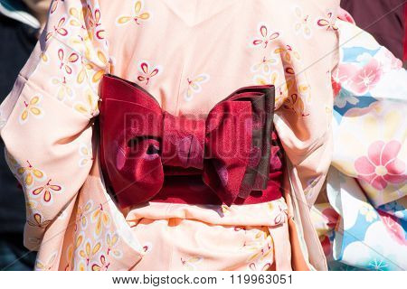 Red Munsuko And Pink Pastel Yukata Girl Wear Yukata Walk In Japan Temple.