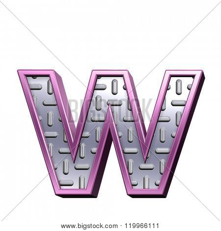 One lower case letter from steel tread plate with purple frame alphabet set, isolated on white. Computer generated 3D photo rendering.