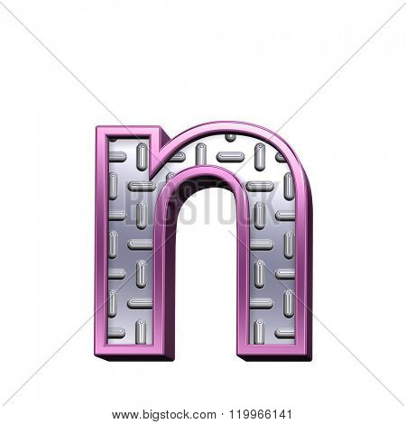 One lower case letter from steel tread plate with purple frame alphabet set, isolated on white. Computer generated 3D photo rendering.