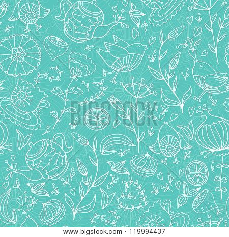 Teasweets bird and flowers. Seamless doodle pattern.