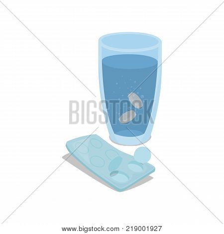 Sleeping pills dissolved in a glass with water. Vector illustration.