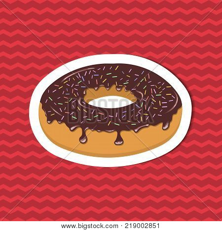 Sticker of glazed donut on red striped background. Graphic design elements for menu, poster, brochure. Vector illustration of fast food for bistro, snackbar, cafe or restaurant.