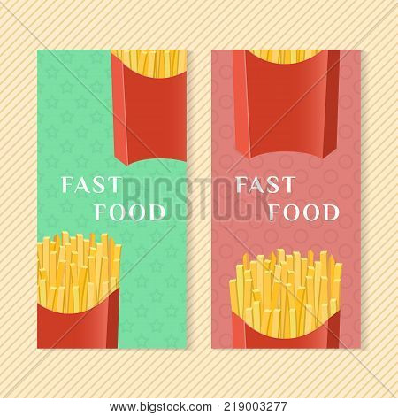 Fast food banners with french fries. Graphic design elements for menu packaging, apps, advertising, poster, brochure and background. Vector illustration for bistro, snackbar, cafe or restaurant