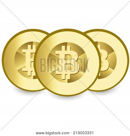 Bitcoin. Physical bit coin. Digital currency. Cryptocurrency. Golden coin with bitcoin symbol isolated on white background. Stock vector illustration.