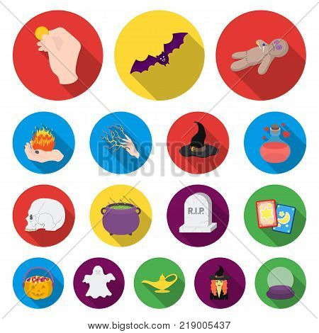 flat and white magic flat icons in set collection for design. Attributes and sorceress accessories vector symbol stock  illustration.