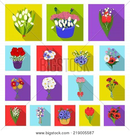 A bouquet of fresh flowers flat icons in set collection for design. Various bouquets vector symbol stock illustration.