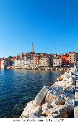 Medieval town of Rovinj colorful with houses and church in Croatia
