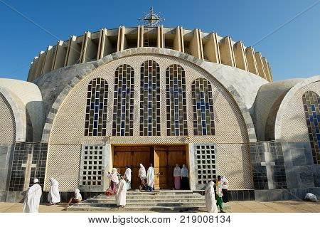 AXUM, ETHIOPIA - JANUARY 24, 2010: Unidentified pilgrims visit the new Cathedral of Our Lady Mary of Zion in Axum, Ethiopia.