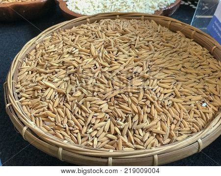 close up of paddy rice in the basket