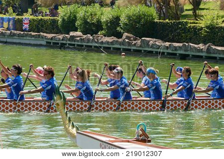 Rome Italy - July 30 2016: Dragon boat crews compete at the european championships held in Italy in 2016 summer in the photo the Italian crew ready to start the race