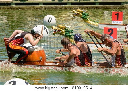 Rome Italy - July 30 2016: Dragon boat crews compete at the european championships held in Italy in 2016 summer Spain crew during the race