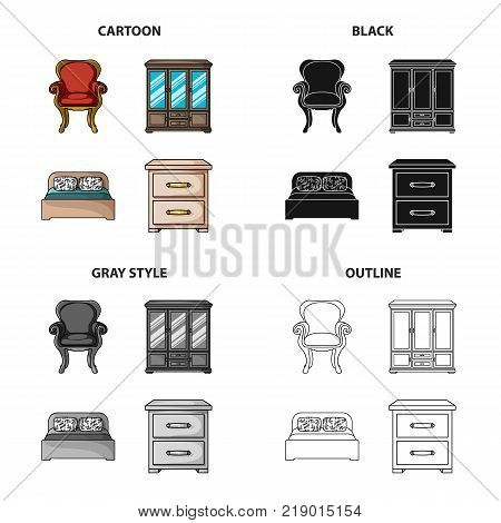 Retro furniture, armchair, wardrobe with glasses, bed, chest of drawers. Furniture and interior set collection icons in cartoon black monochrome outline style vector symbol stock illustration .