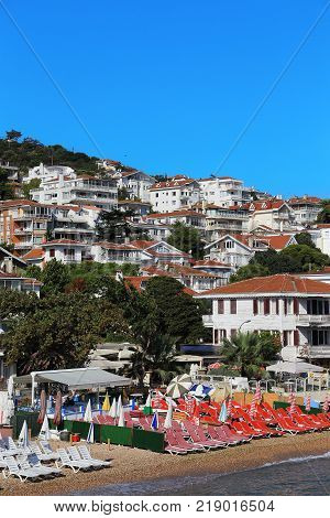 KINALIADA, TURKEY - SEPTEMBER 15, 2017: This is a residential development and the beaches of one of the Princes Islands in the Sea of Marmara - the Kinaliada Island.