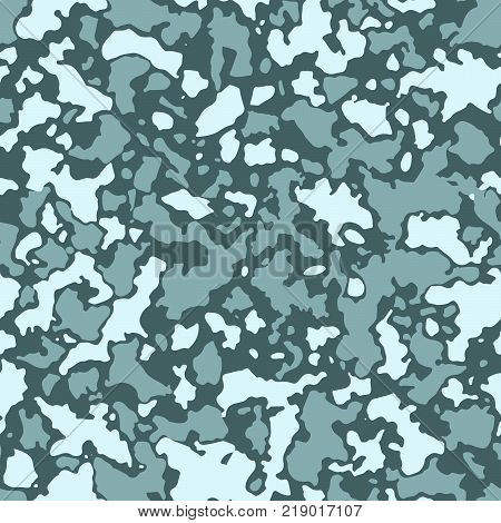 Seamless camouflage pattern with mosaic of abstract stains. Military and army camo background in gray blue shade.