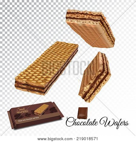 Vector realistic illustration of wafers with chocolate cream. Colorful objects on a transparent background.