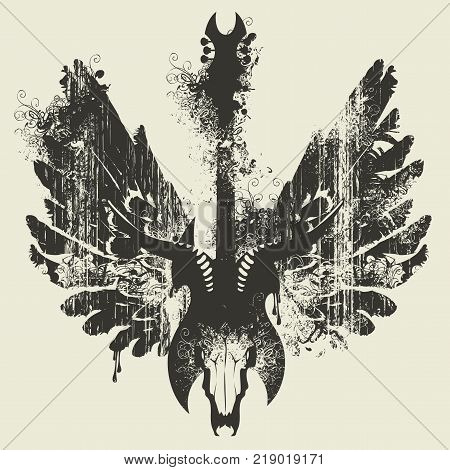 Vector illustration with an electric guitar skull of goat and wings with splashes and curls in grunge style