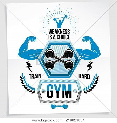Heavy load power lifting championship vector advertising poster created with strong muscular bodybuilder arms with dumbbell sport equipment. Weakness is a choice lettering.