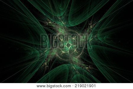 abstract image of a gloomy hole of dark green shades with a rotating center with petals inside on a black background.