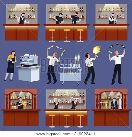Colored and isolated bar icon set with barman bartender cocktail preparation and working people vector illustration